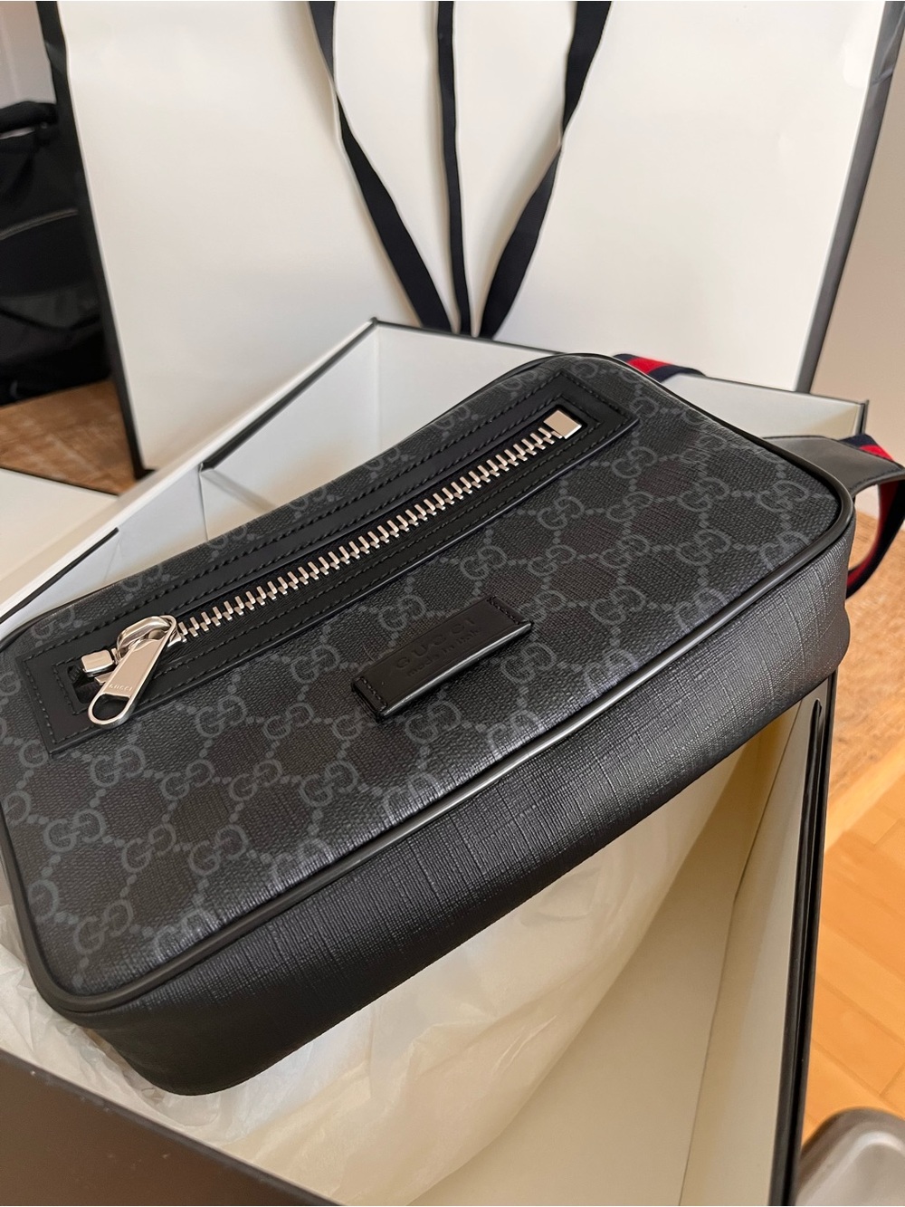Gucci GG Supreme Black Belt Bag with Silver Hardware